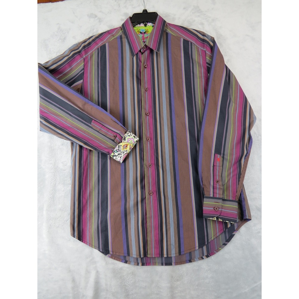 Robert Graham Shirt Mens Large Striped Flip Cuff 100%‎ Silk Trim Cotton Y2K